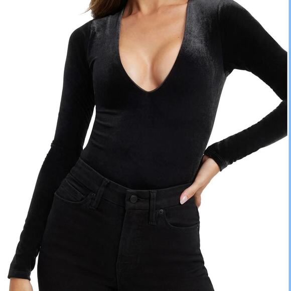 Good American Black Velvet Deep V Neck Long Sleeve Bodysuit Size Large - Picture 1 of 7